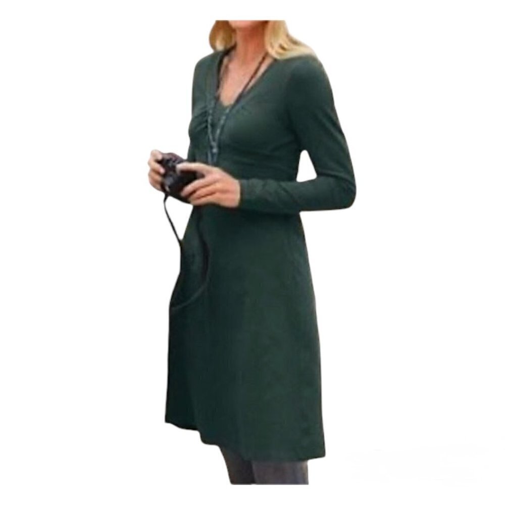 Athleta Women's Green Senorita Organic Cotton Long Sleeve V Neck Dress Size Lg